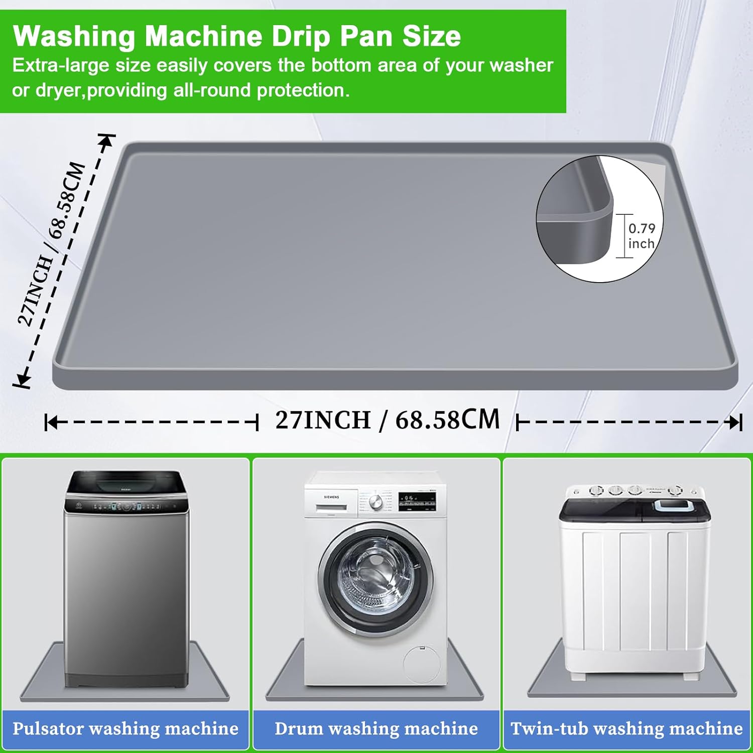 Xixter Washing Machine Pan 27x27 – Silicone Washer Tray & Drain Pan for Floor Protection – Non-Slip Washing Machine Mat, Flexible Washer Drip Pan & Washer Drain Pad (Gray)
