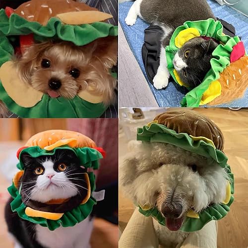 Miniatura 6 de ANIAC Divertido sombrero de hamburguesa para gato, perro, disfraz de Halloween, diseño decorativo de papas fritas para mascotas, collar de cono de