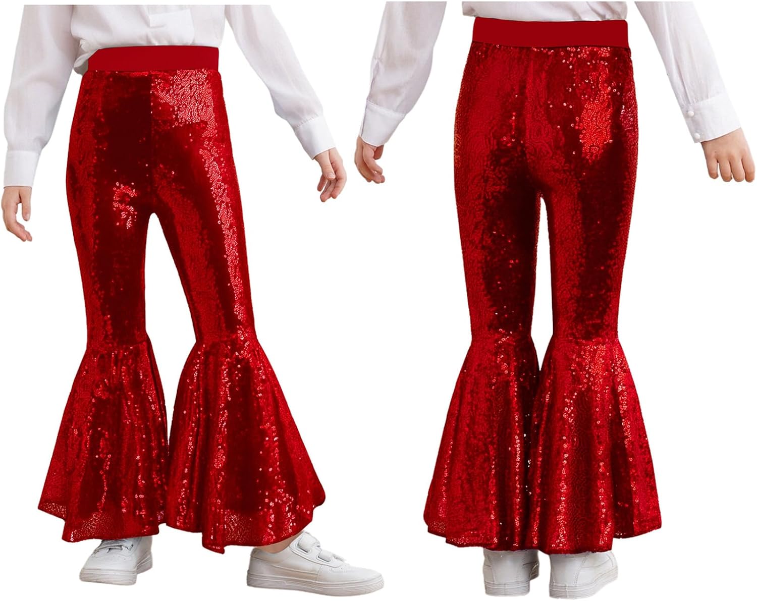 Metallic Dance Pants for Girls Disco Party Glitter Trousers Flare Leggings Clubwear Wide Leg Bell Bottom