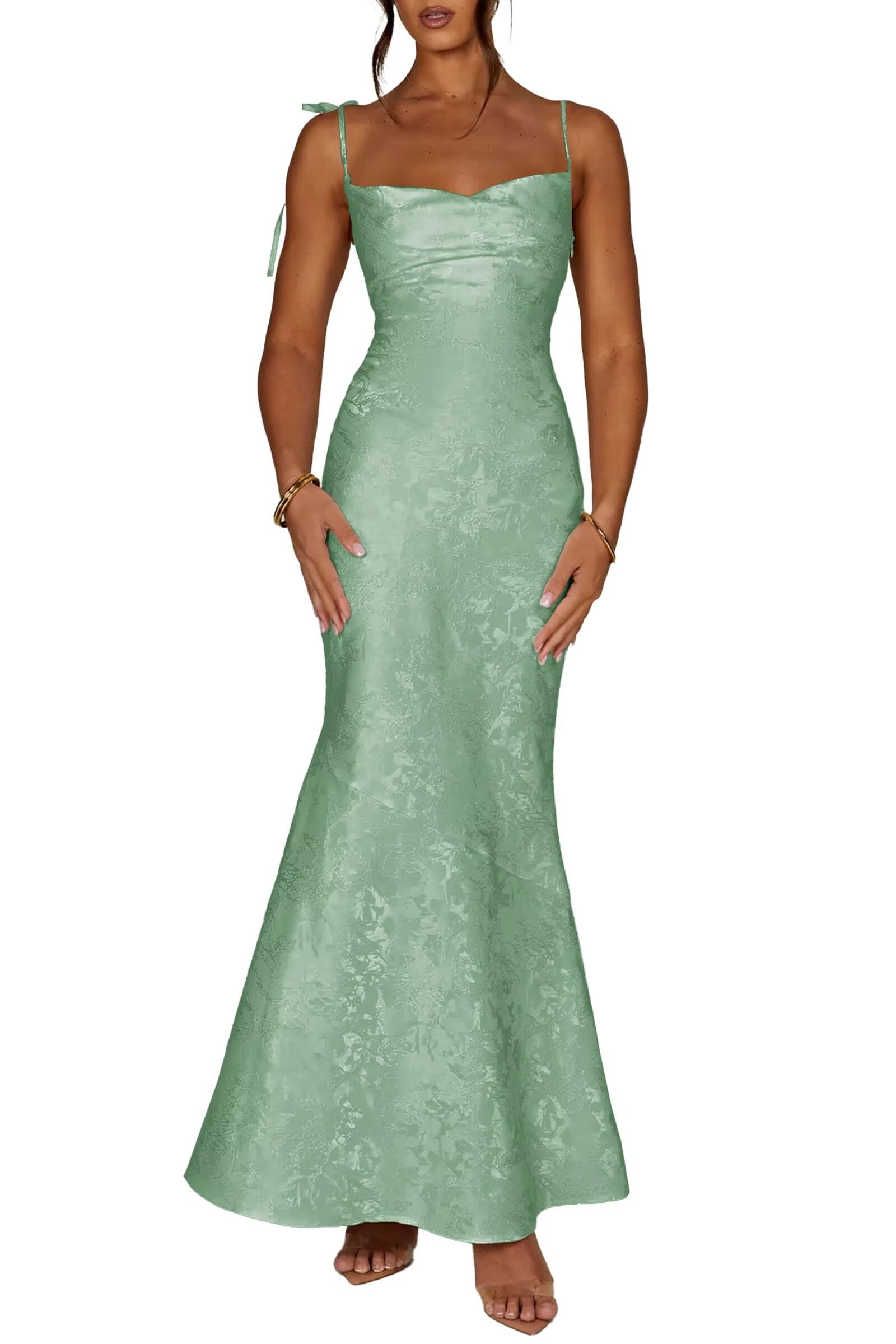 Zepumen Jacquard Satin Prom Dresses for Women Mermaid Spaghetti Straps Long Formal Evening Party Gown