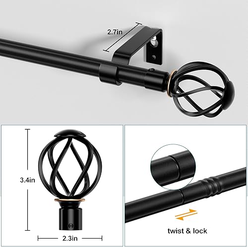 Miniatura 2 de Barras de cortina para ventanas de 28 a 50 pulgadas, juego de barras de cortina de 58 pulgadas con remates decorativos de jaula trenzados, poste de