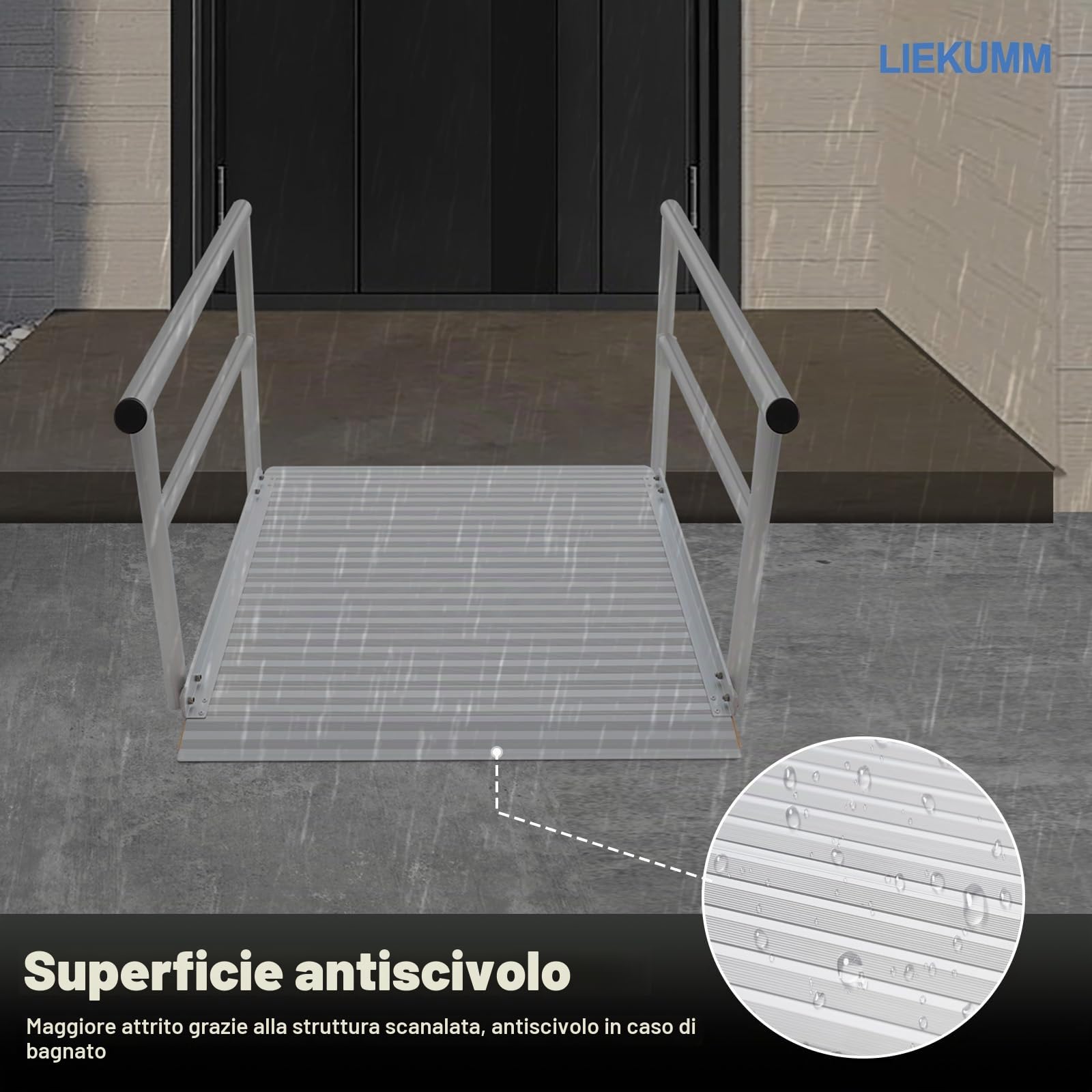 LIEKUMM Rampa per sedia a rotelle in alluminio, 91 x 91 cm, con corrimano (80 cm di altezza), capacità 300 kg, per casa, gradini, scale, marciapiedi, apertura della porta per sedie a rotelle, scooter