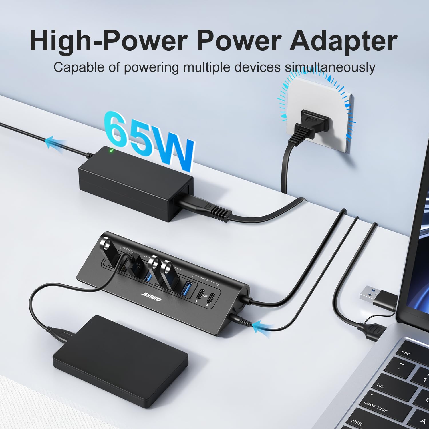 Hub USB alimentato, hub USB JESWO a 9 porte 10 Gbps, ricarica USB 3.2 45 W