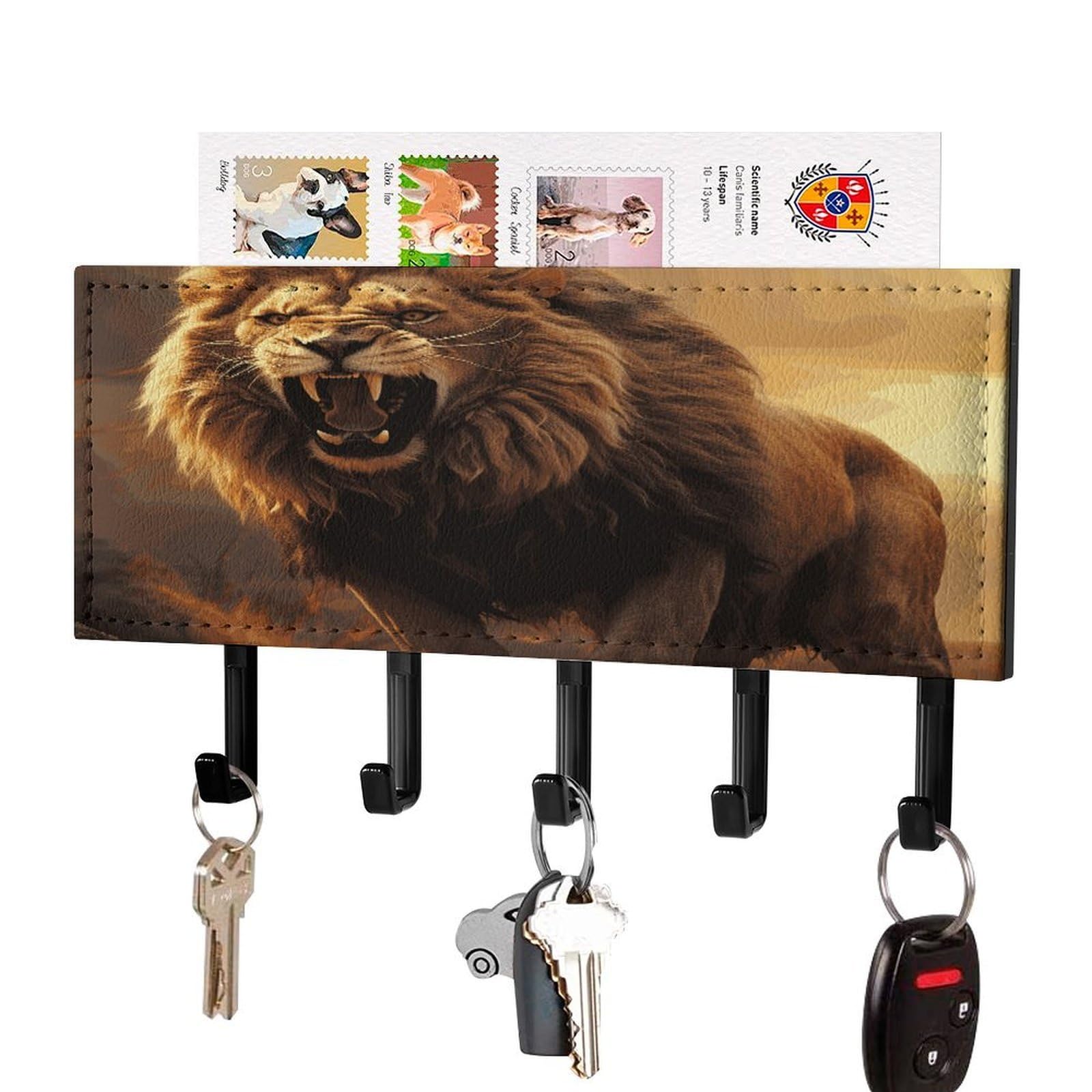 Vstadank Black-Style Angry Roaring Lion Key Holder For Wall Mount With 5 Hooks Decorative Key And Mail Holder Farmhouse Wall Hooks With Shelf Pu Leather Key Rack With Mail Holders For Entryway Home
