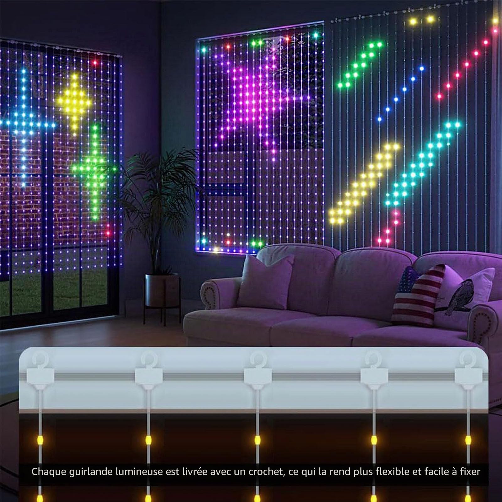 Smart rideau lumineux, 400 LED changement de couleur rideau lumineux USB télécommande app Control musique sync LED lumière DIY fenêtre lumière chambre salon décoration de Noël(2x2m)