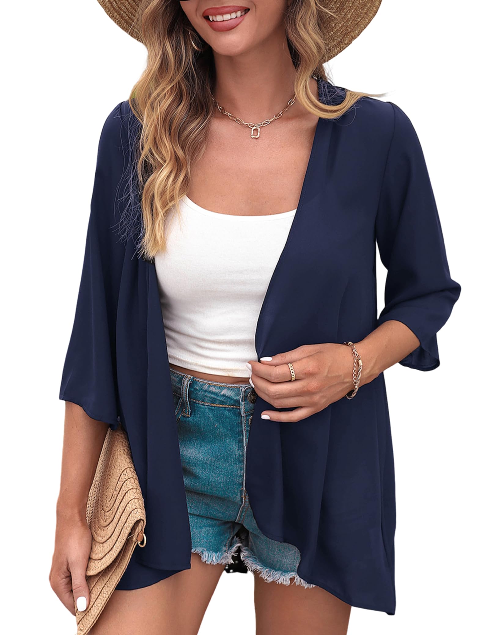 Aottori Kimono Mujer Verano Pareos Playa Manga 3/4 Gasa Chaqueta Cardigan Elegante Ligero Corta Traje de Baño Bikini Cover Up Camisas