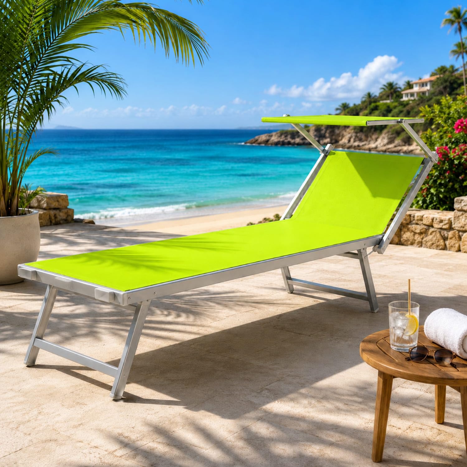 Lettino Prendisole Pieghevole Professionale In Alluminio E Tessuto Textilene Tettuccio Orientabile Tettino Parasole Sdraio Prendi Sole Mare Spiaggia Piscina Giardino Verde Fluo 182 x 60 x 38 cm