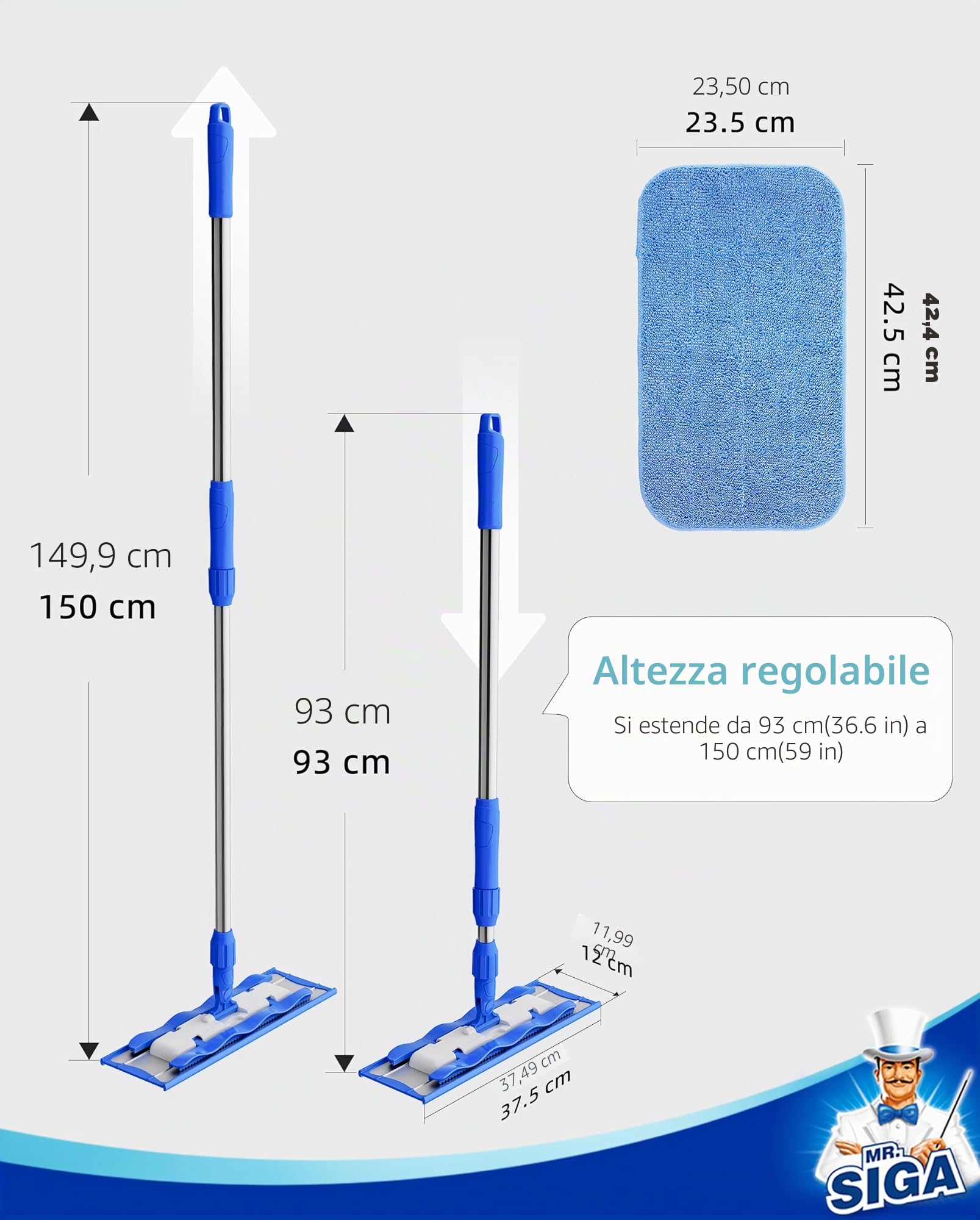 MR.SIGA Mop professionale in microfibra per la pulizia di pavimenti in legno duro, laminato e piastrelle, manico in acciaio inossidabile