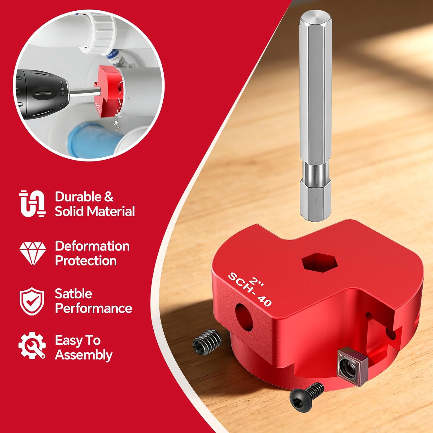 8-Piece Pipe Reamer Set with 2 Carbide Square Cutting Blades Sizes: 1/2“, 3/4”, 1“, 1-1/4”, 1-1/2“, 2”, 3“, 4” Aluminum Cutting Head For PVC, CPVC, or ABS Piping (Red) (PVC)