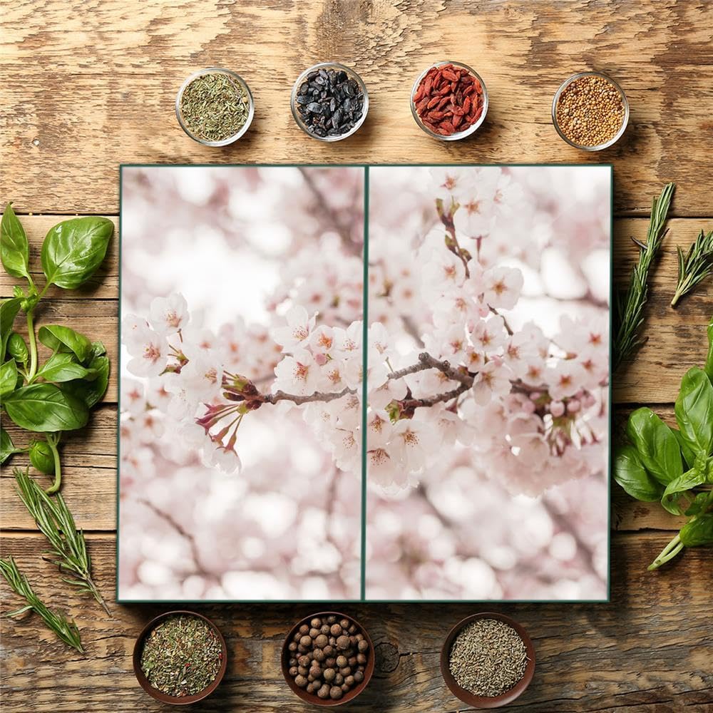 Herdabdeckplatte Abdeckung Ceranfeld Abdeckplatte Schneidebrett 2-Teilig 60x52 Kirchblütenbaum Rosa Spritzschutz Glasplatte Ceranfeldabdeckung Herdschutz Sicherheitsglas Glasschneidebrett 2x30x52