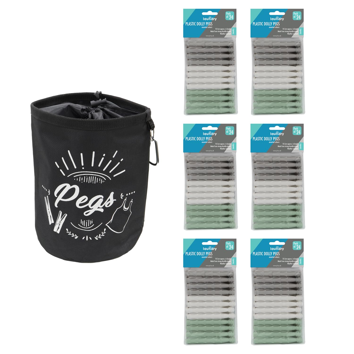 Jvl Assorted Large Black Peg Bag With 144 Plastic Dolly Clothes Pegs – Traditional Hanging Peg Holder – Colours