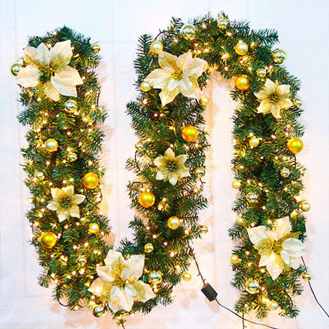 Aka Gold 9Ft/2.7M Christmas Garland With Light Led Tree Fireplace Diy Decor Door Wreath (Gold)