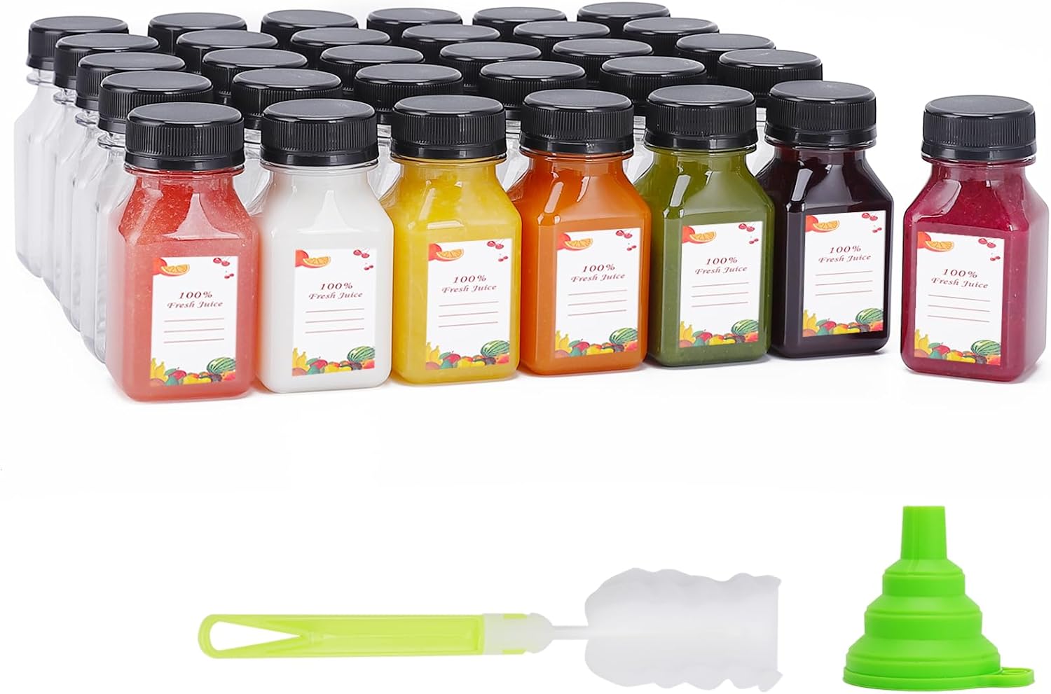 Plastic Juice Bottles 150 pcs 4 oz Empty Plastic Water Bottles with Caps Reusable Clear Beverage Containers for Drinking, Juicing, Smoothie, Water with 2 Brushes, 2 Funnels, 160 Stickers (4 OZ)