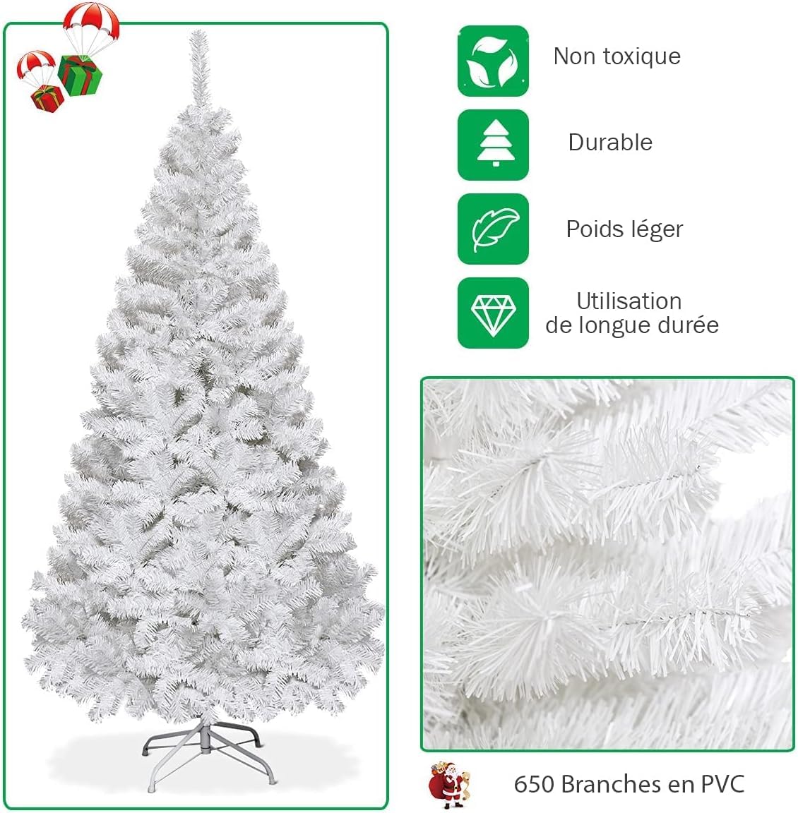 RELAX4LIFE Sapin de Noël Blanc 180 CM, Sapin Noel Artificiel en PVC avec Support en Métal, Arbre de Noël pour Décoration Maison/Bureau/Magasin (Blanc, 180 CM)