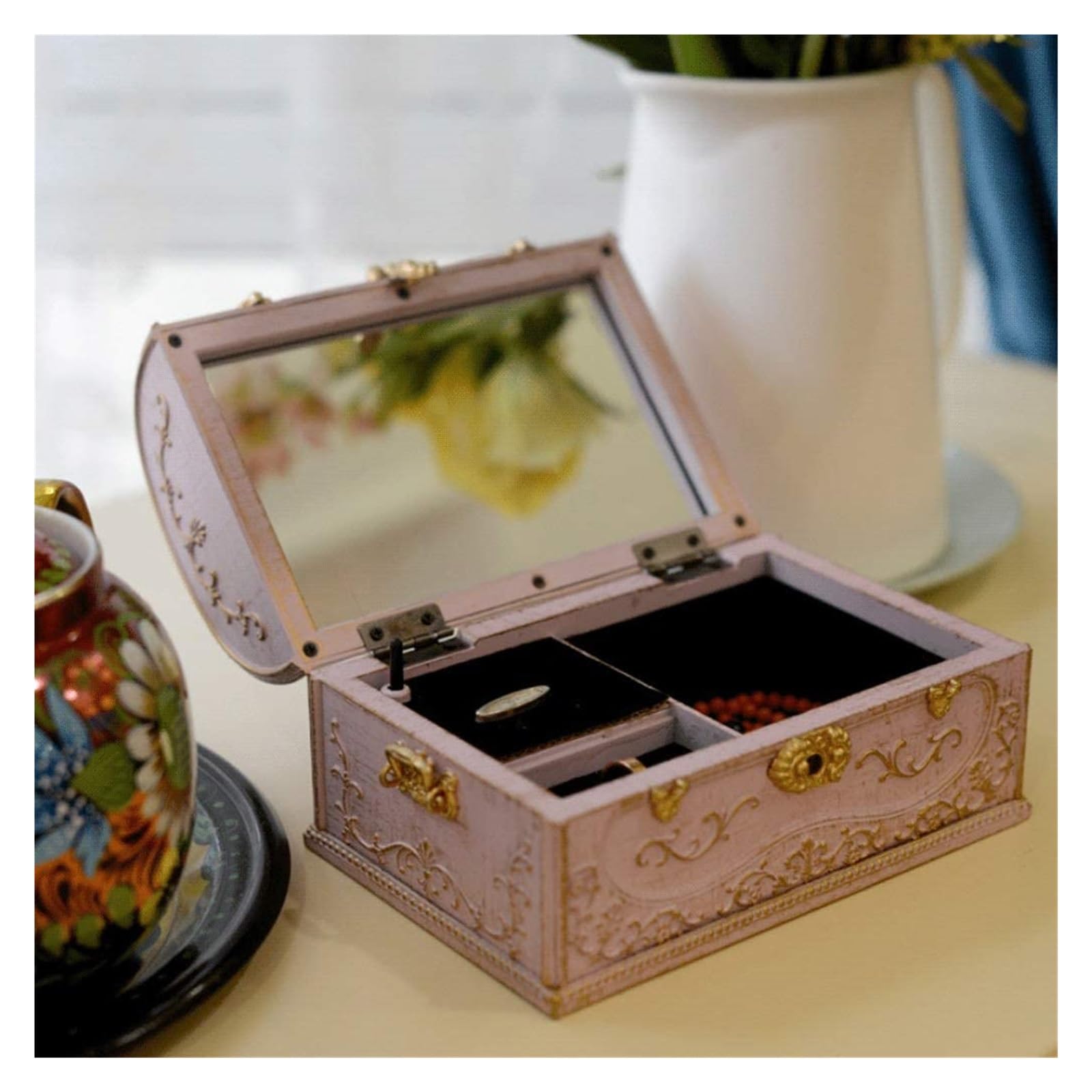 Scatole Per Gioielli Con manico portatile Orecchini ad anello ornato Custodia for tesori Scatole di gioielli musicali in plastica for organizer for gioielli da donna e ragazza Cofanetti E Scatole