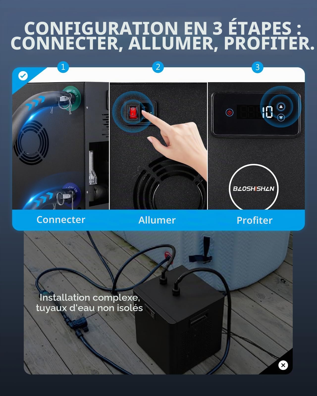 BAOSHISHAN Refroidisseur d'eau pour bain de glace 1/3 HP, plage de réglage de température 0-50 °C, avec filtre et pompe intégrés