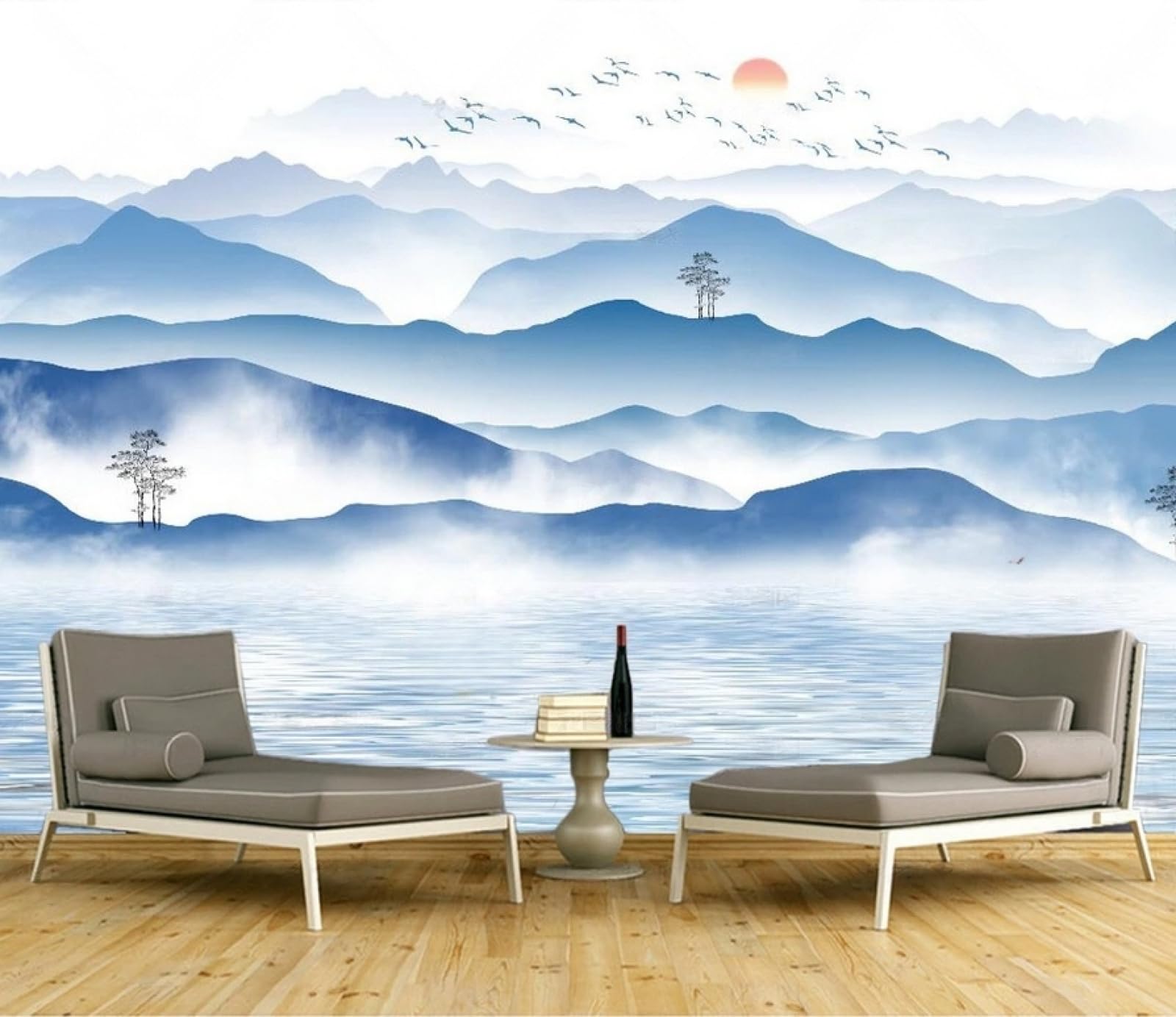 Carta da Parati Panoramica Intissato Montagne Blu,Lago,Zen,Natura Wallpaper per Camera da Letto, Soggiorno 300x240cm