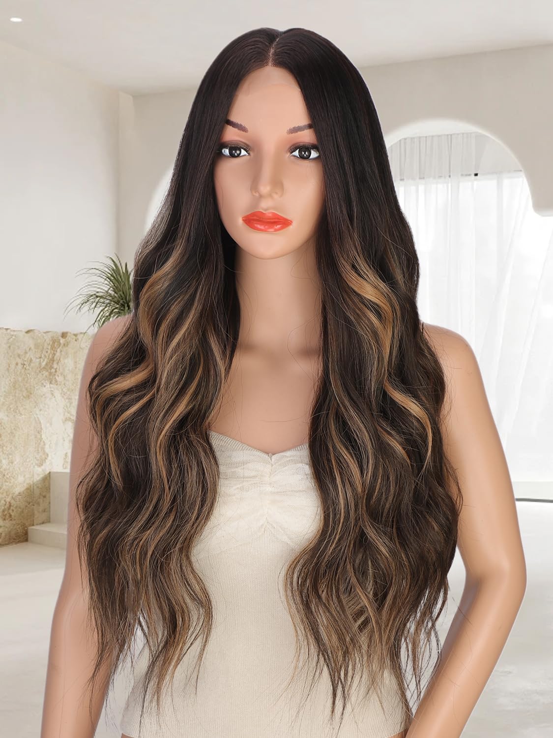 Long Brown Highlights Wigs for Women, Ombre Brown Mixed Blonde Wigs with Black Roots, Synthetic Long Curly Wavy Wigs With Lace Hairline, Heat Resistant Fiber Wig for Daily Party Use