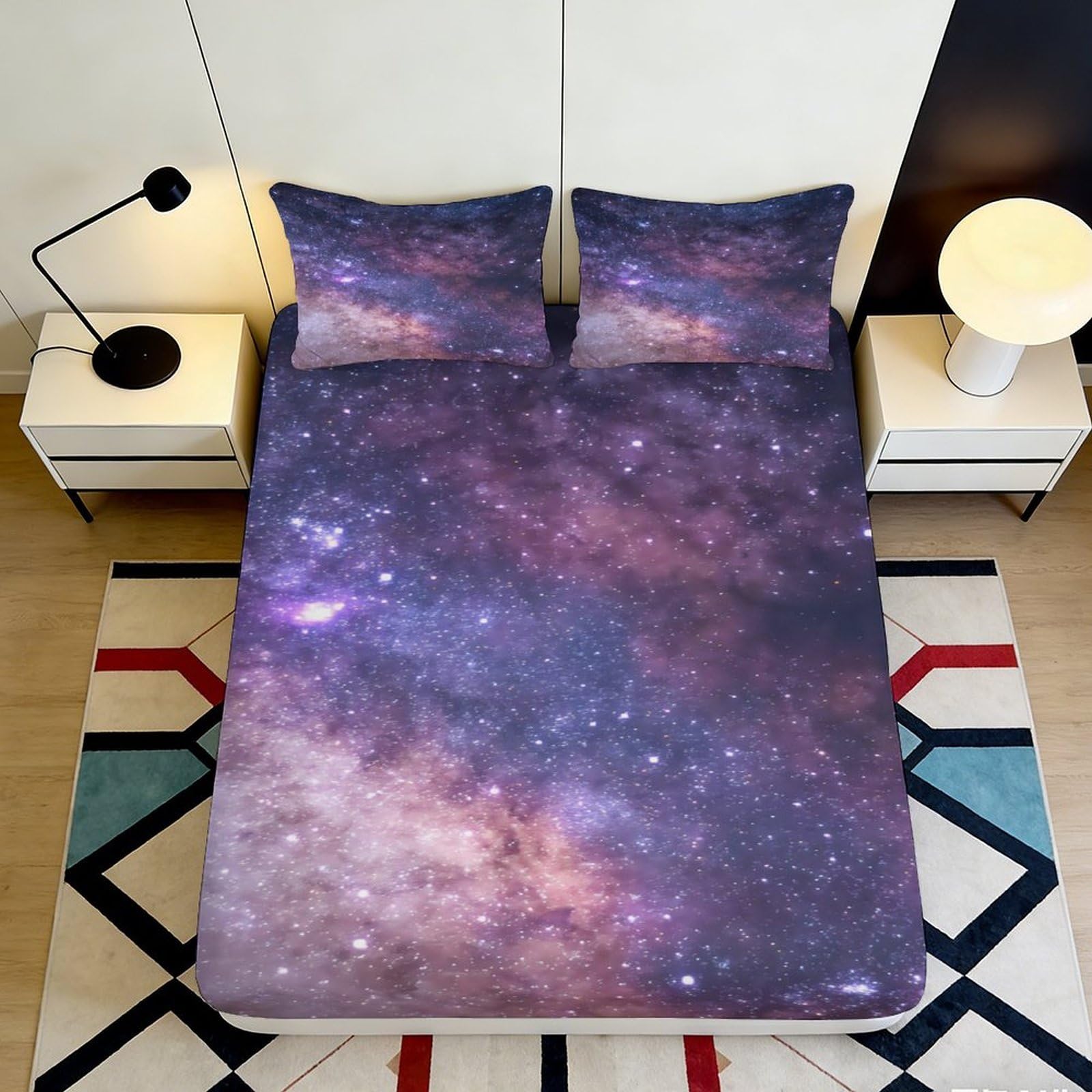 3D Printed Galaxy Starry Sky Fitted Sheet Microfiber Anti-Slip Cosmic Nebula Mattress Cover Washable Decor 160x200x25cm