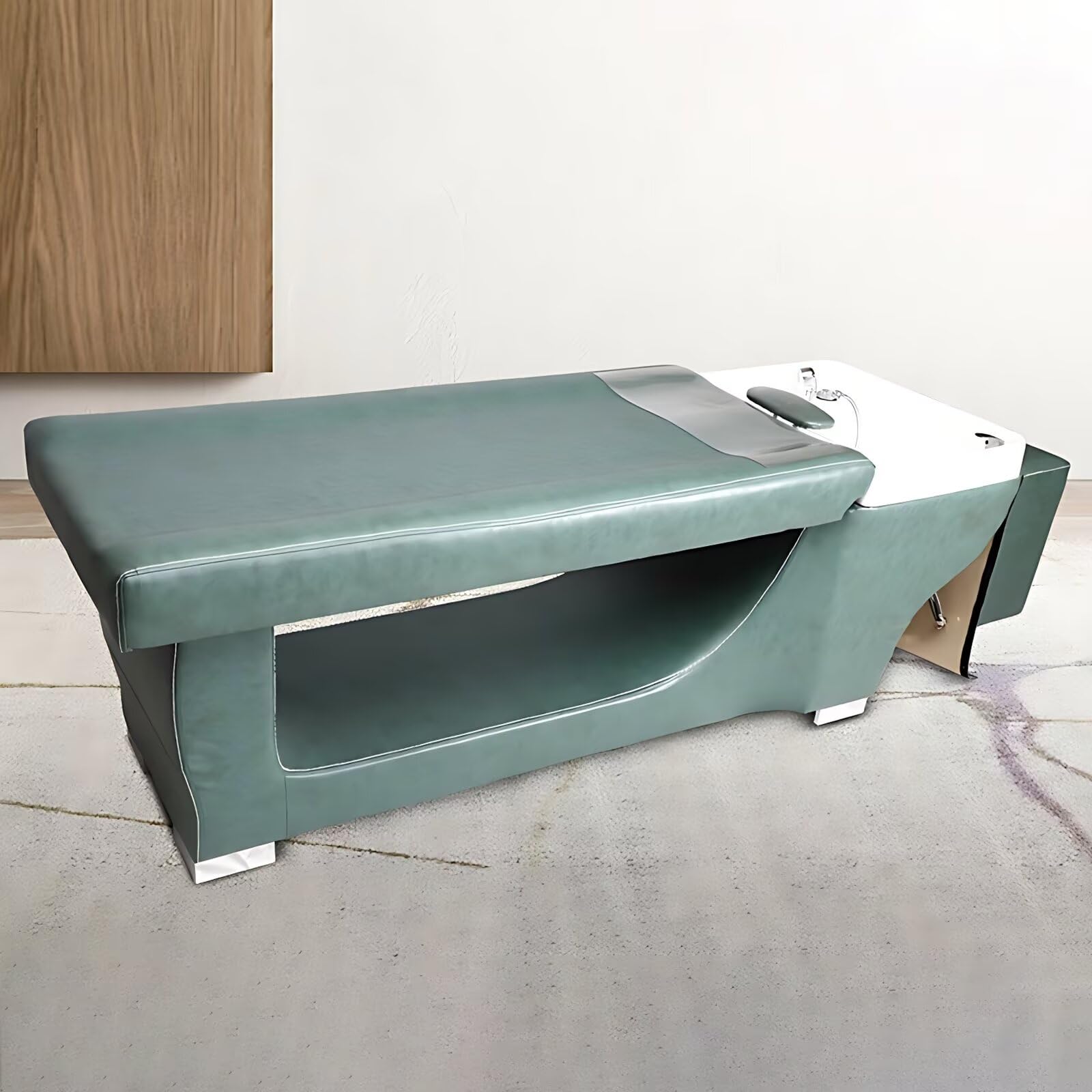 Stolik do masażu w stylu retro, elegancki design retro, kolor zielony, stół do masażu głowy z dużą umywalką ceramiczną, miejscem do przechowywania i wygodnym zagłówkiem