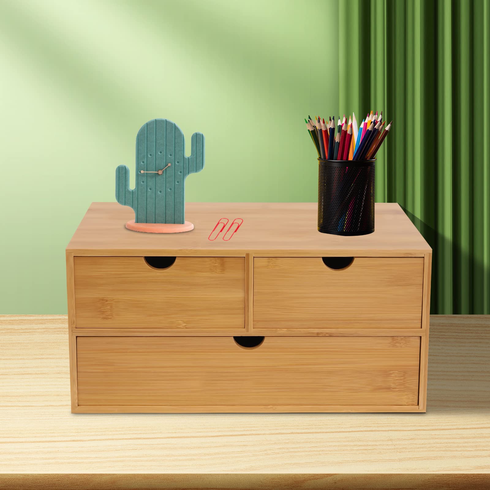 Organizzatore da scrivania in bambù per ufficio, cassetti, casa, tablet, scrivania, scrivania, sistema di organizzazione, porta oggetti scrivania (3 cassetti, due superiori, uno inferiore)
