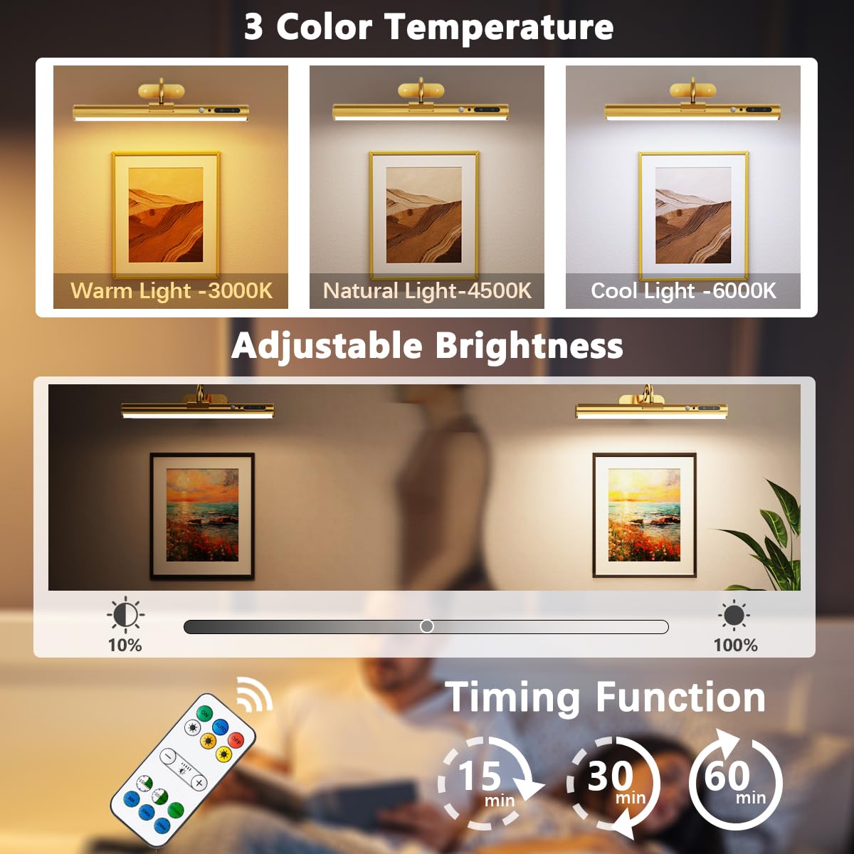 Applique Murale LED Sans Fil avec Détecteur Mouvement, Lampe Rechargeable USB pour Tableaux, Salle de Bain