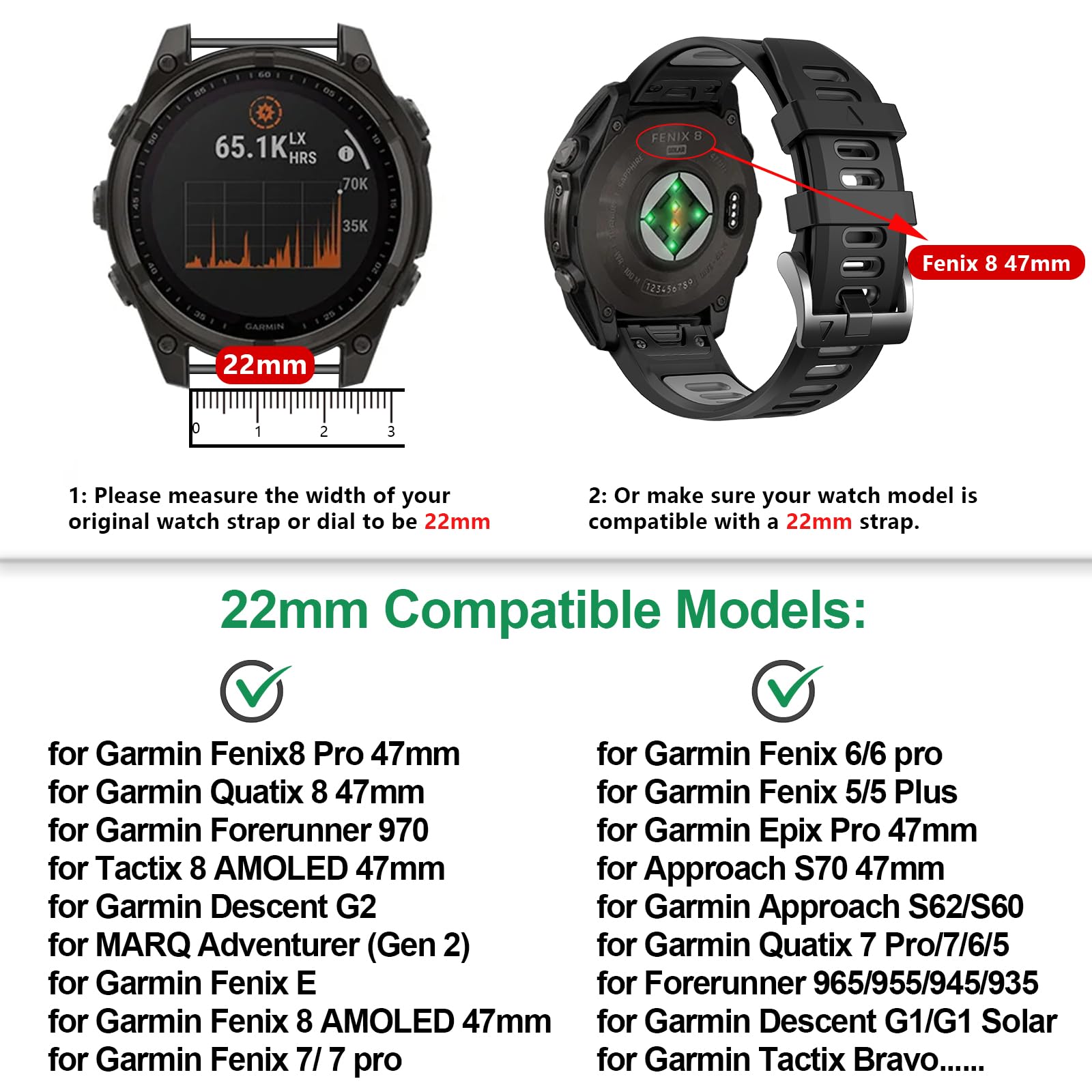 EZMVZKU 22mm Quickfit Cinturino per Garmin Fenix 8 AMOLED 47mm/Fenix 7/7 Pro/6/6 Pro/5/5 Plus,Silicone Cinturino di Ricambio Sportivo per Forerunner 965 955 945/Approach S70/tactix 8 47mm/quatix 7/6