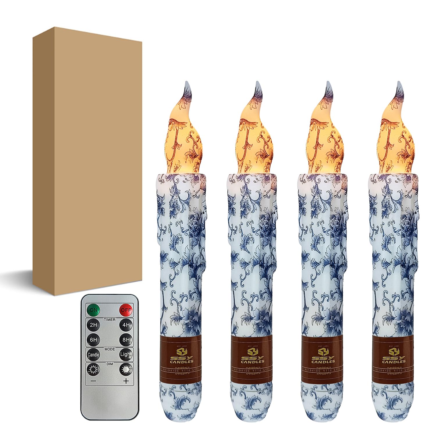 FCMSHAMD Blue and White Porcelain Flameless Short Taper Candles, Drip LED Battery Operated with Remote, Flickering Flame Lights for Home Décor, 6.7 Inch Primitive Flameless Print Candles, 4PCS — image 1