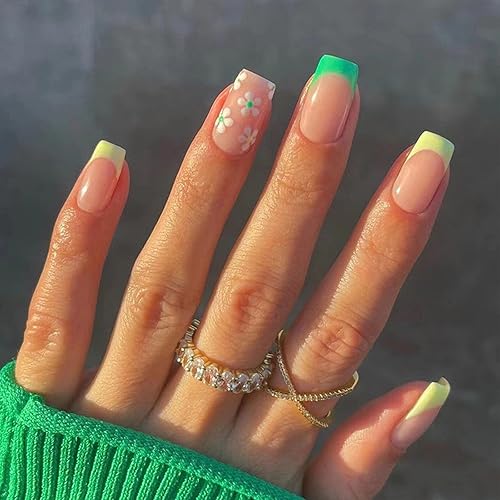 Uñas postizas cuadradas a presión, cortas, amarillas y verdes, uñas postizas acrílicas con diseños de flores blancas, uñas artificiales a presión,