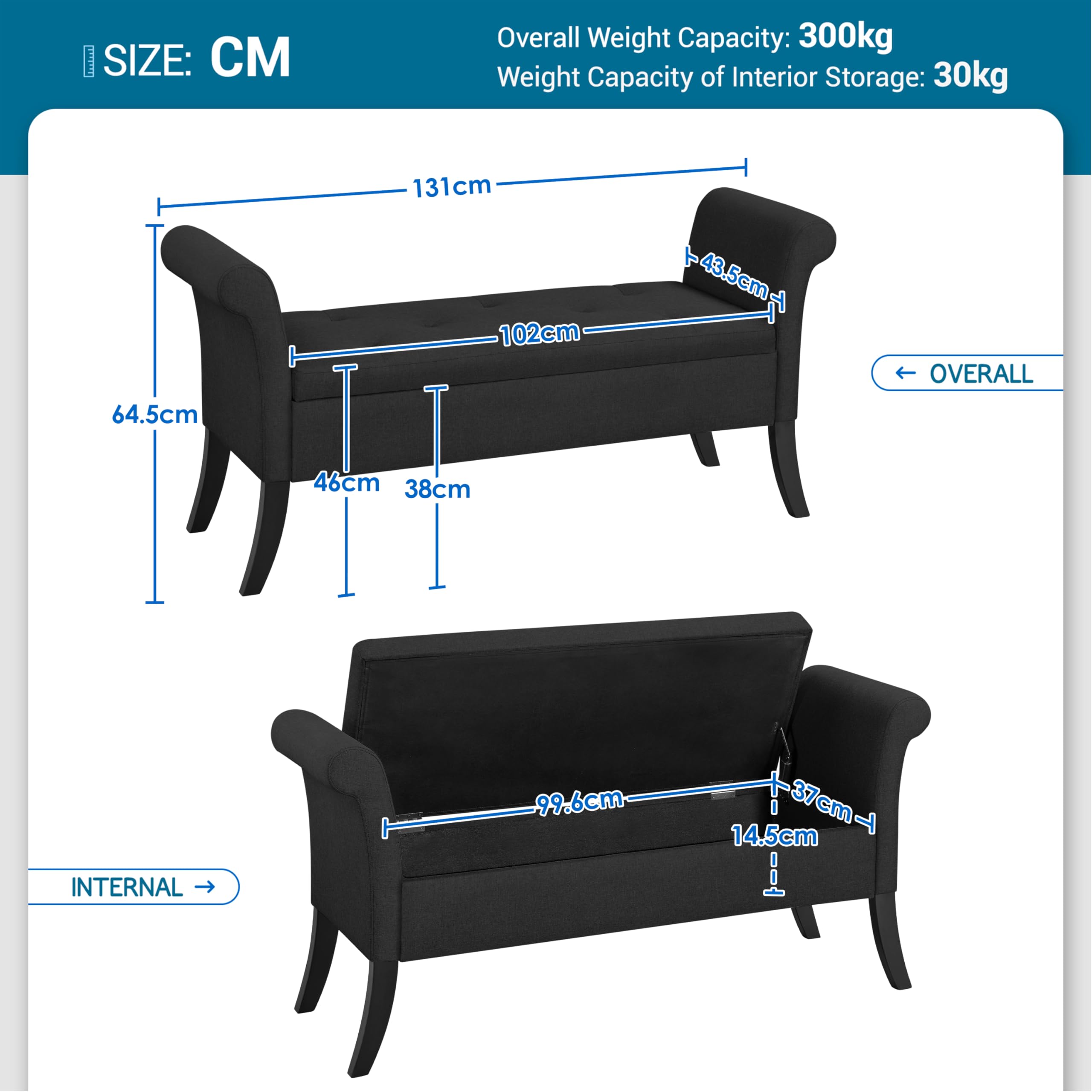 Yaheetech Puff Almacenamiento Banco Descalzadora Almacenaje Otomana con Pata Madera Capacidad de Carga 300 KG para Dormitorio Sala Entrada Pasillo Negro