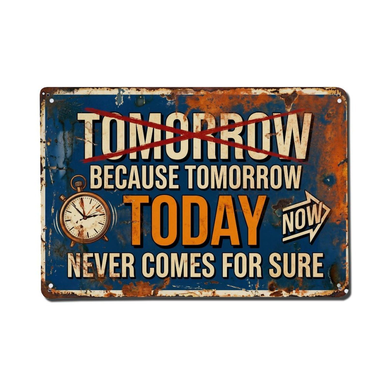 Tomorrow Never Comes Sure Retro Motivational Slogans Metal Tin Sign Plaque Wall Decor for Cafe, Club Bar, Office, Home Garden Metal Poster 8x12Inch