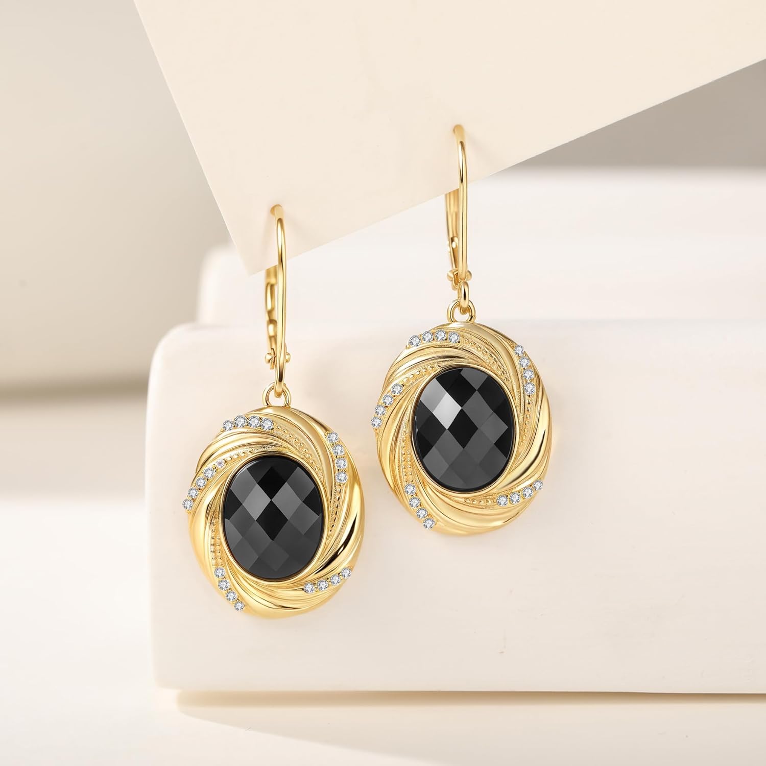 Black Onyx Earrings Sterling Silver Gold Plated Geometric Dangle Jewelry Birthday Gifts for Women Mother Wife Friends - Image 5