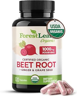 ForestLeaf USDA Organic Beet Root Capsules - Beetroot Supplement 1000mg 20:1 Extract w/Ginger Grape Seed - Support Blood Pressure, Nitric Oxide, Flow, Circulation - Made in USA - 120 Caps