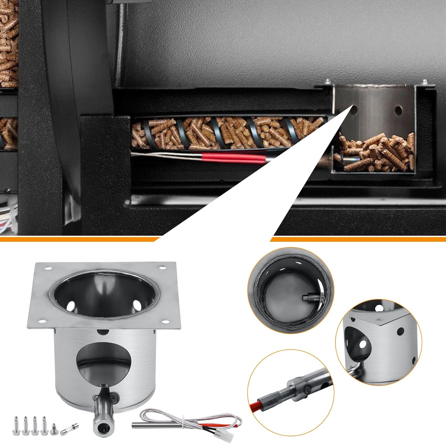 304 Stainless Steel Fire Burn Pot and Hot Rod Ignitor Kit for Pit Boss, Traeger, Camp Chef Pellet Grills, Upgraded Heavy Duty Burner Pot Replacement Parts with Ash Remover, Screws and Fuse