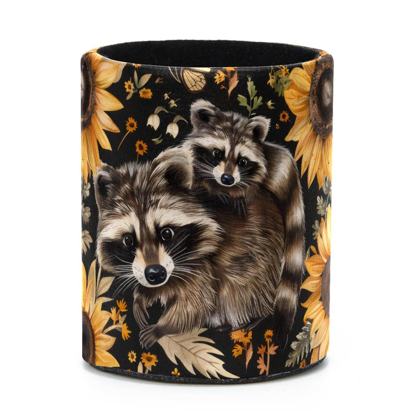 VAPOKF Round Pencil Holders for Desk, Raccoon Sunflowers Pen Holders Pen Pot Makeup Brushes Storage Desktop Stationery Supplies Organiser for Home Office