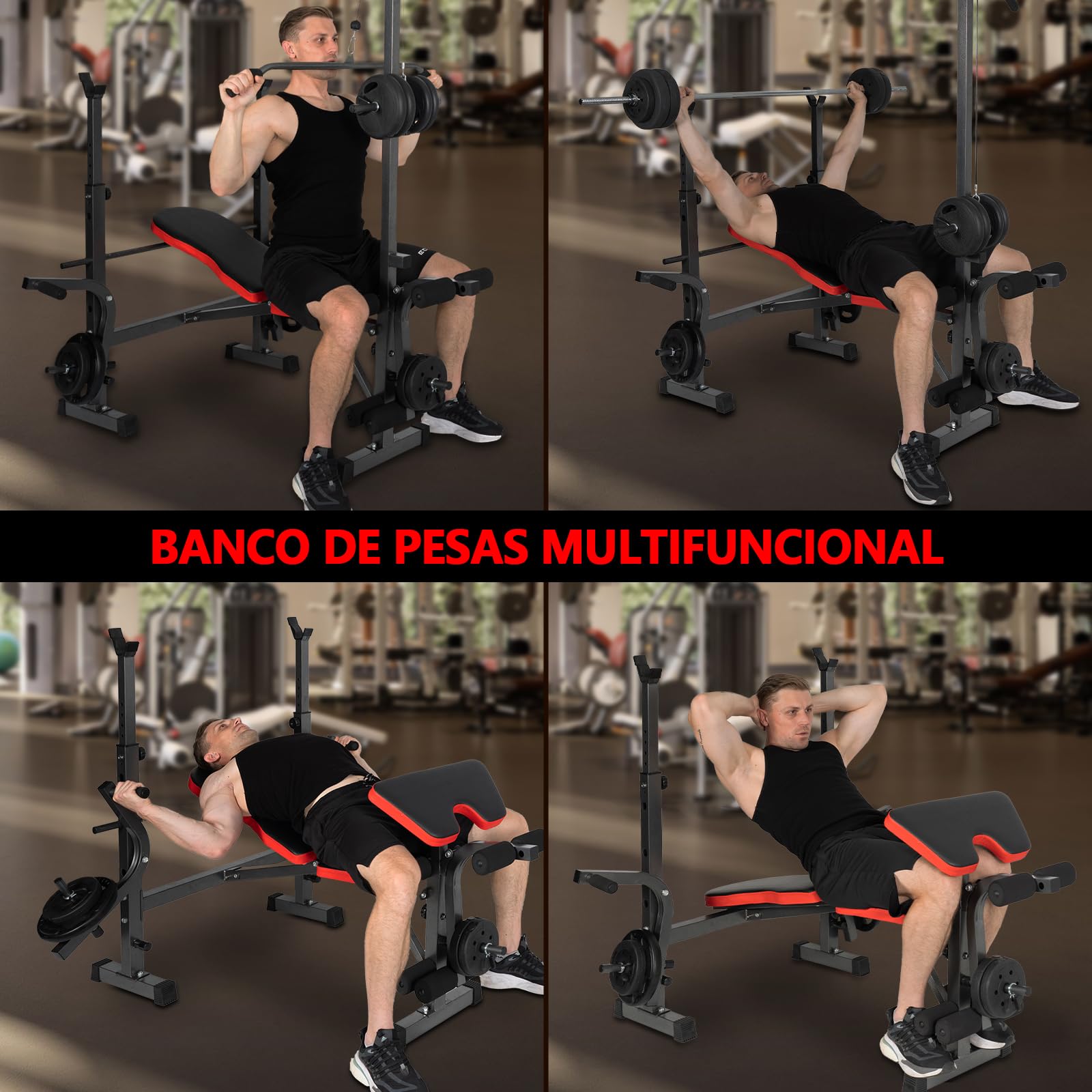 Banco de Pesas Multifuncional Banco de Musculación Plegable, Banco Abdominales Respaldo Ajustable Soporte de Barras con Entrenador de Polea, Banco Musculación Gym en Casa