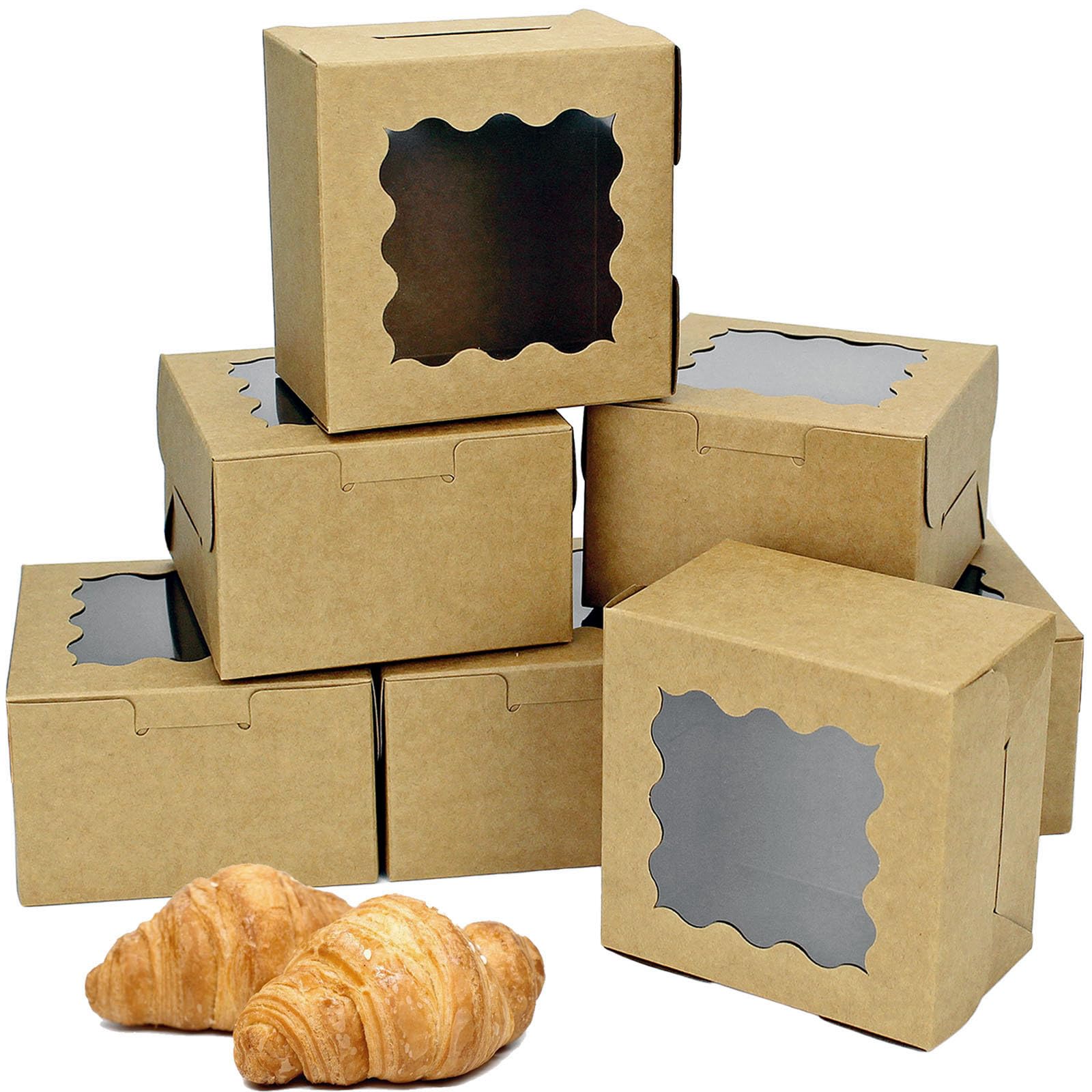 YankMooM 15PCS Kraft Cake Boxes with Window,Brown Bakery Boxes with Display Cardboard Cookie Boxes for Cakes,Strawberries,Donuts,Muffins,Macaroon (4x4x2.5inch)