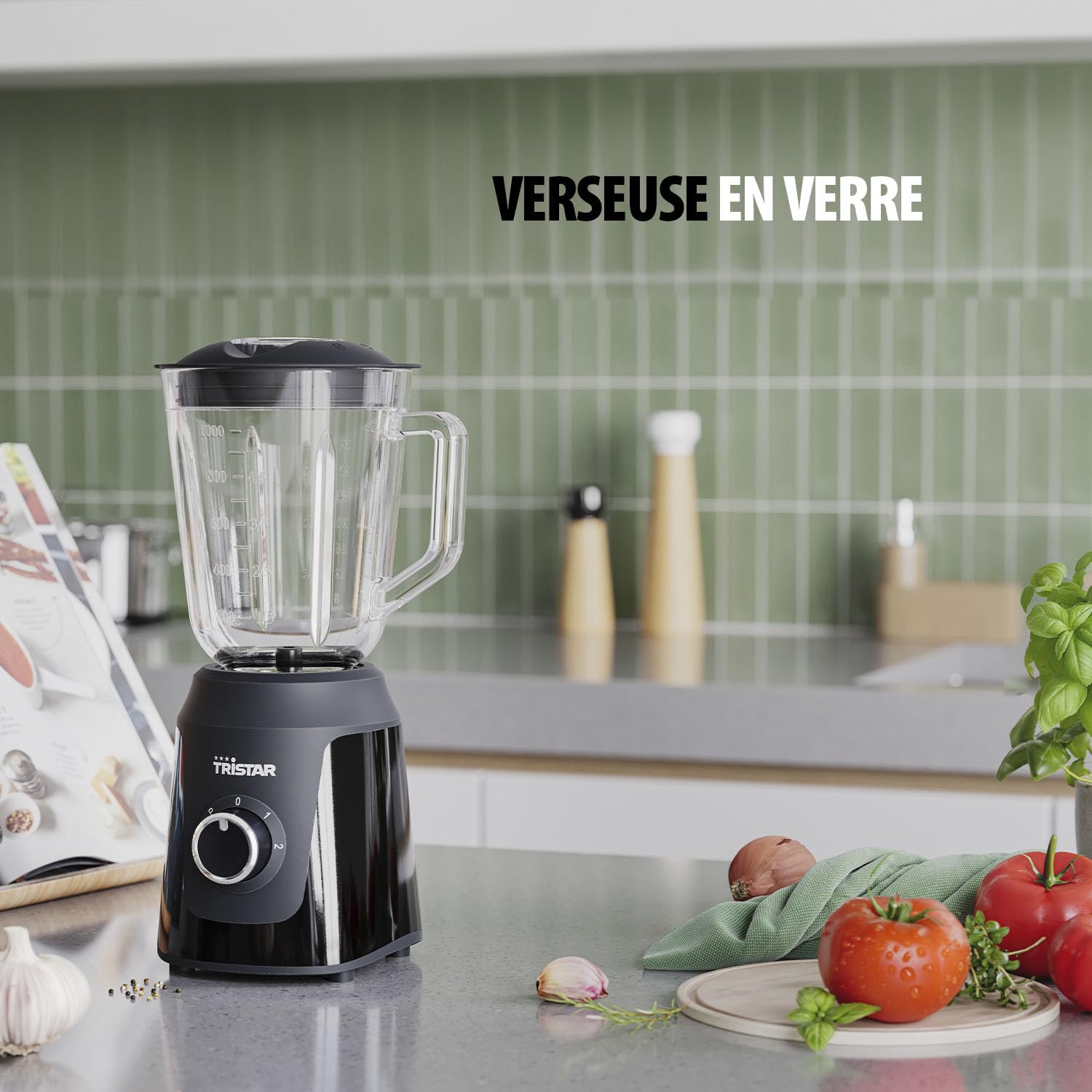 Tristar Blender, récipient en verre de 1 l, 2 vitesses, fonction pulse pour piler la glace, pièces résistant au lave-vaisselle, noir, 350 W, Smoothie Maker BL-4482