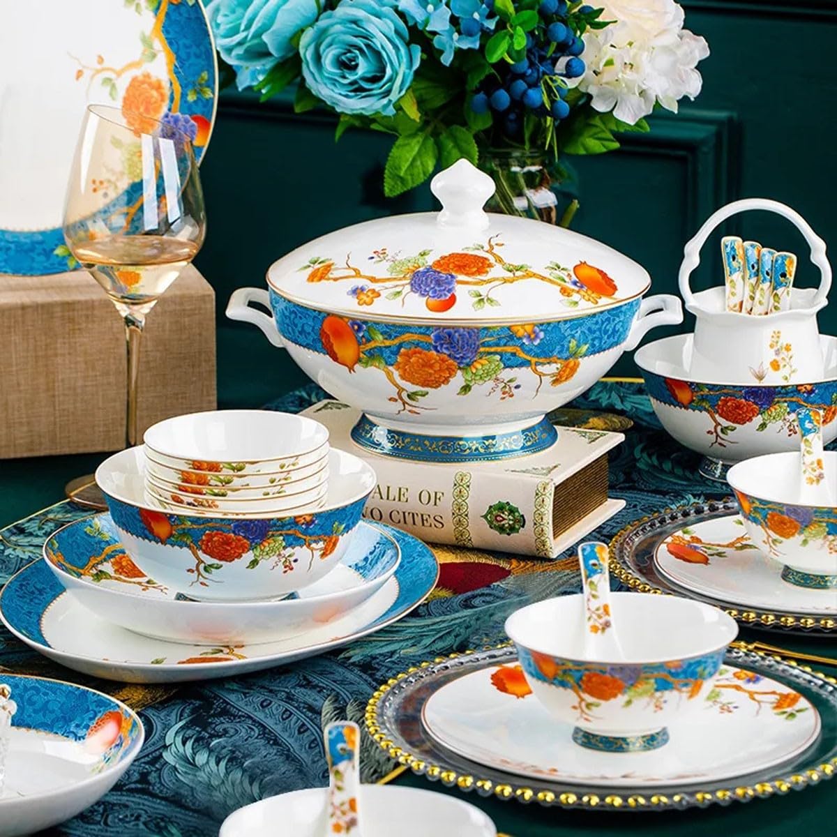 60 Elementów Porcelanowego Zestawu Obiadowego Dla 10-12 Osób, Misek I Talerzy, Wzór Granatu, European Palace, Wysokiej Jakości Zastawa Stołowa, Prezent, Przybory Kuchenne