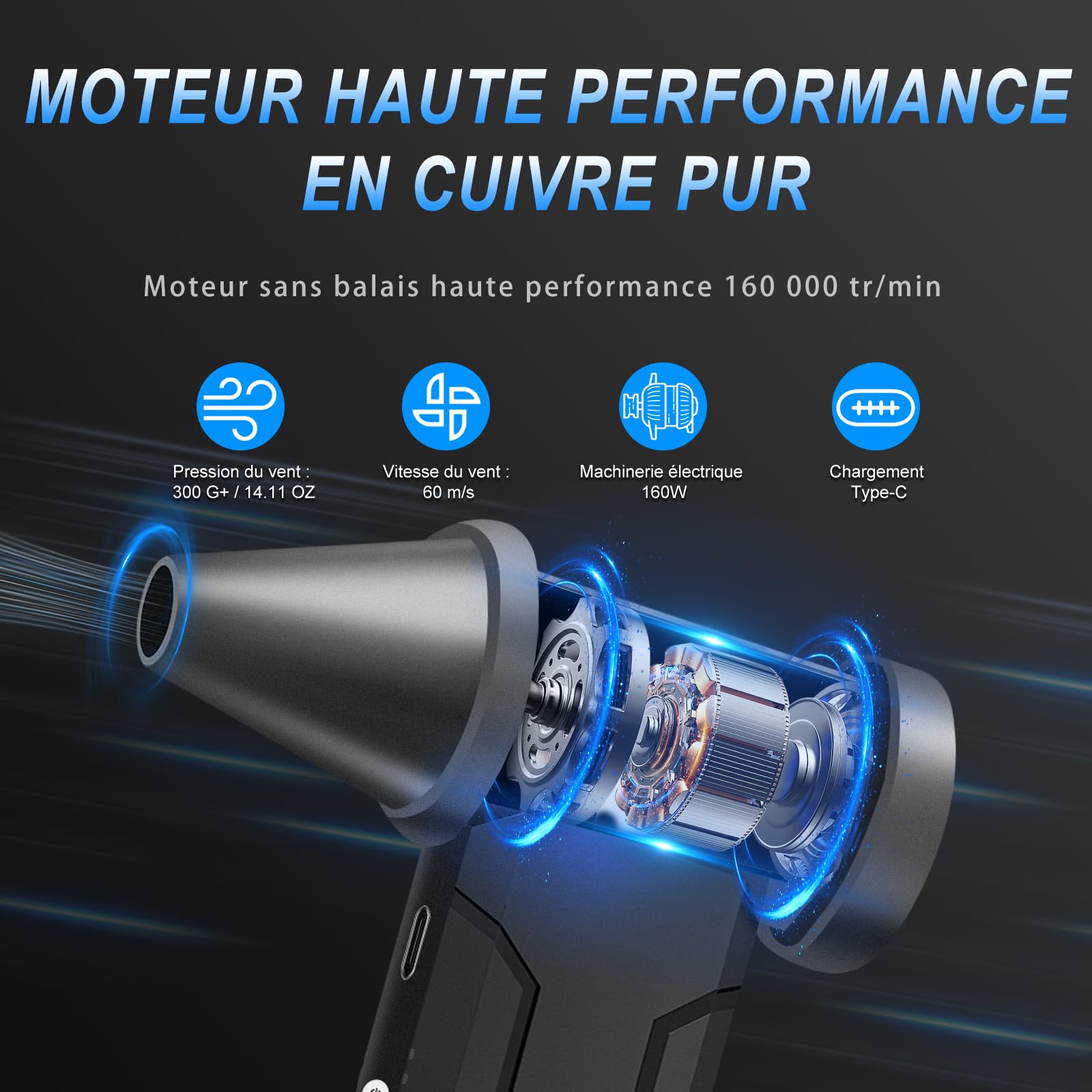 Souffleur Air Comprimé, 4 Vitesses Réglables 160000 TR/Min de Pulvérisation d’Air Comprimé avec Batterie 10000mAh, Mini Souffleur Sans pour Appareils Électroniques, Canapés, Voitures, Clavier