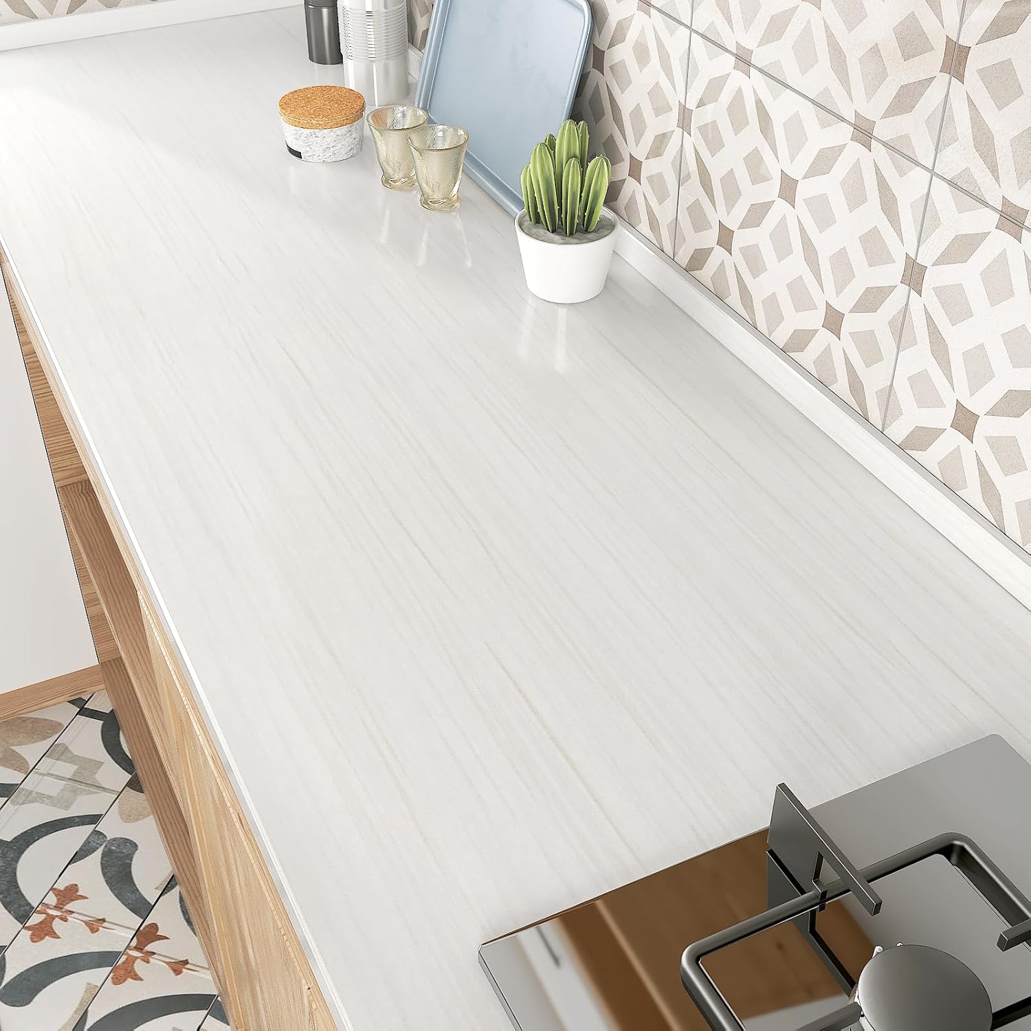 WESTICK White Wood Peel and Stick Wallpaper 15.8" x 393" Wood Grain Contact Paper for Countertops Waterproof Kitchen Cabinet Contact Paper Decorative White Wallpaper Wood Peel and Stick Desk Vinyl