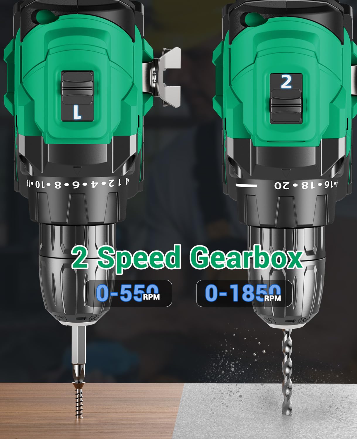 Perceuse Visseuse Sans Fil Brushless, BETENST Visseuse Devisseuse Sans Fil 21V avec Batteries 2.0Ah, 45N.m Max, 20+1 Réglages de Couple, 20 Accessoires, 2 Vitesses pour Bricolage, Vert
