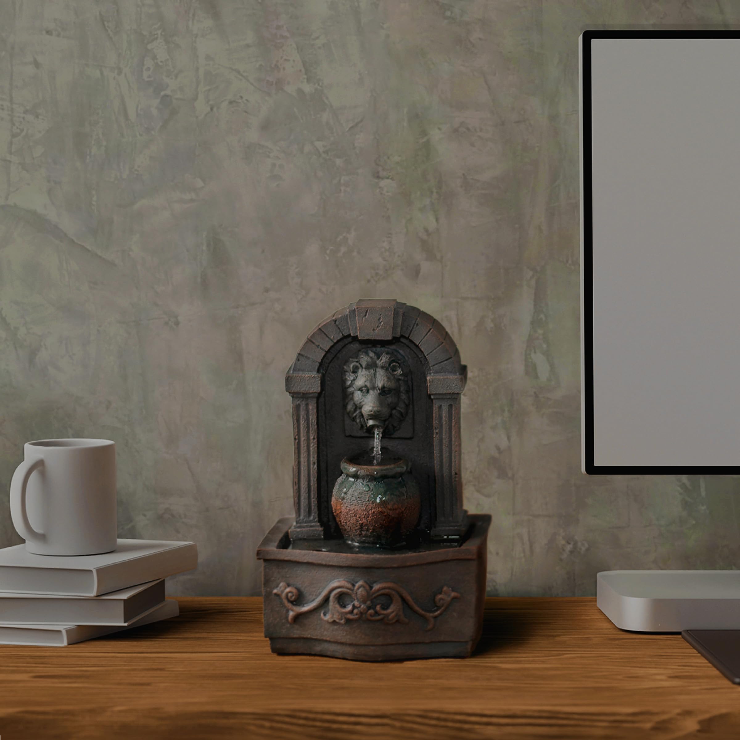 Pure Garden 50-LG5069 Tabletop Water Fountain-Classic Lion Head Polyresin Indoor Waterfall, Electric Pump and Soothing Sounds for Office and Home Décor, Dark Gray and Rust