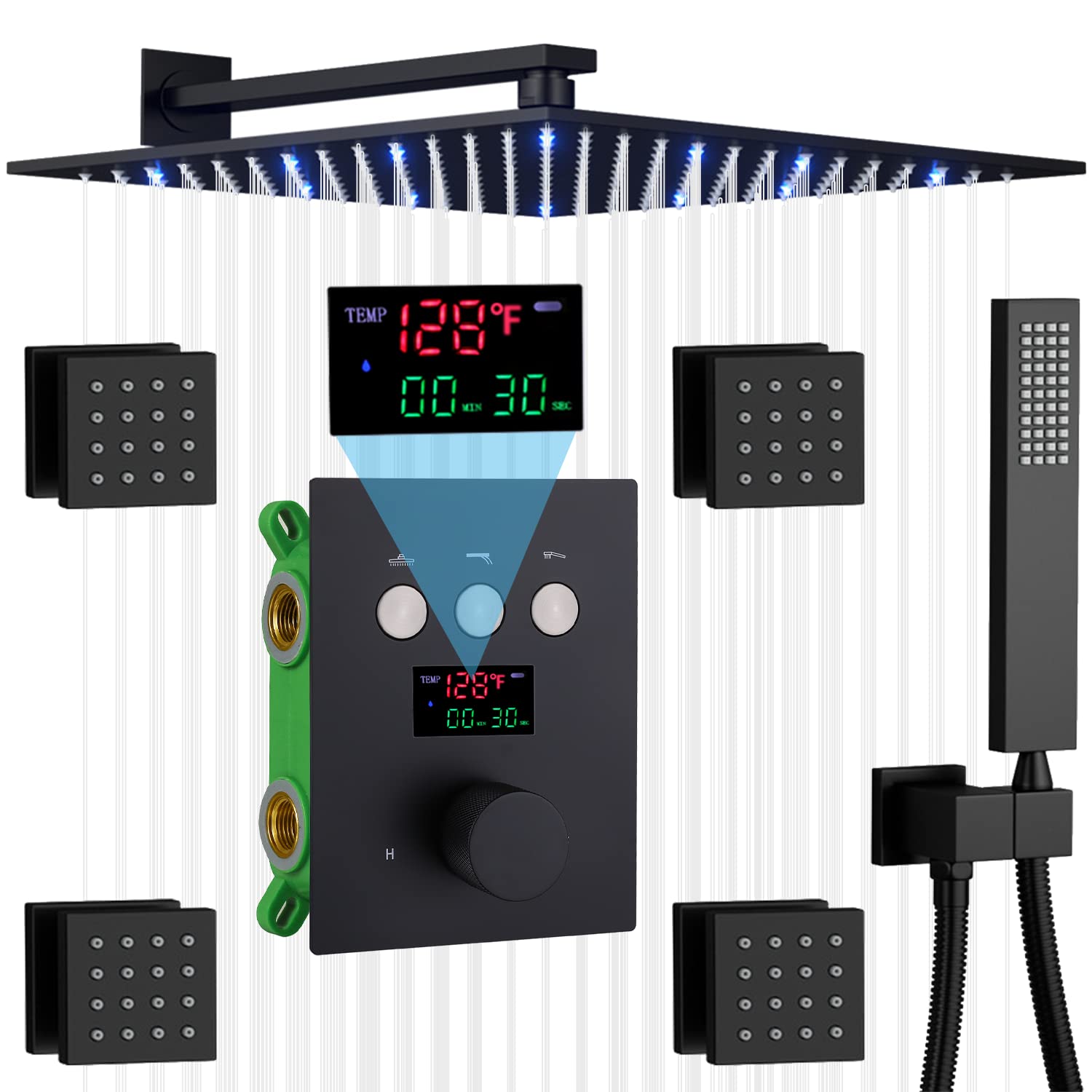 AYIVG Matte Black Shower System with 4PCS Body Jets 12 Inch LED Wall