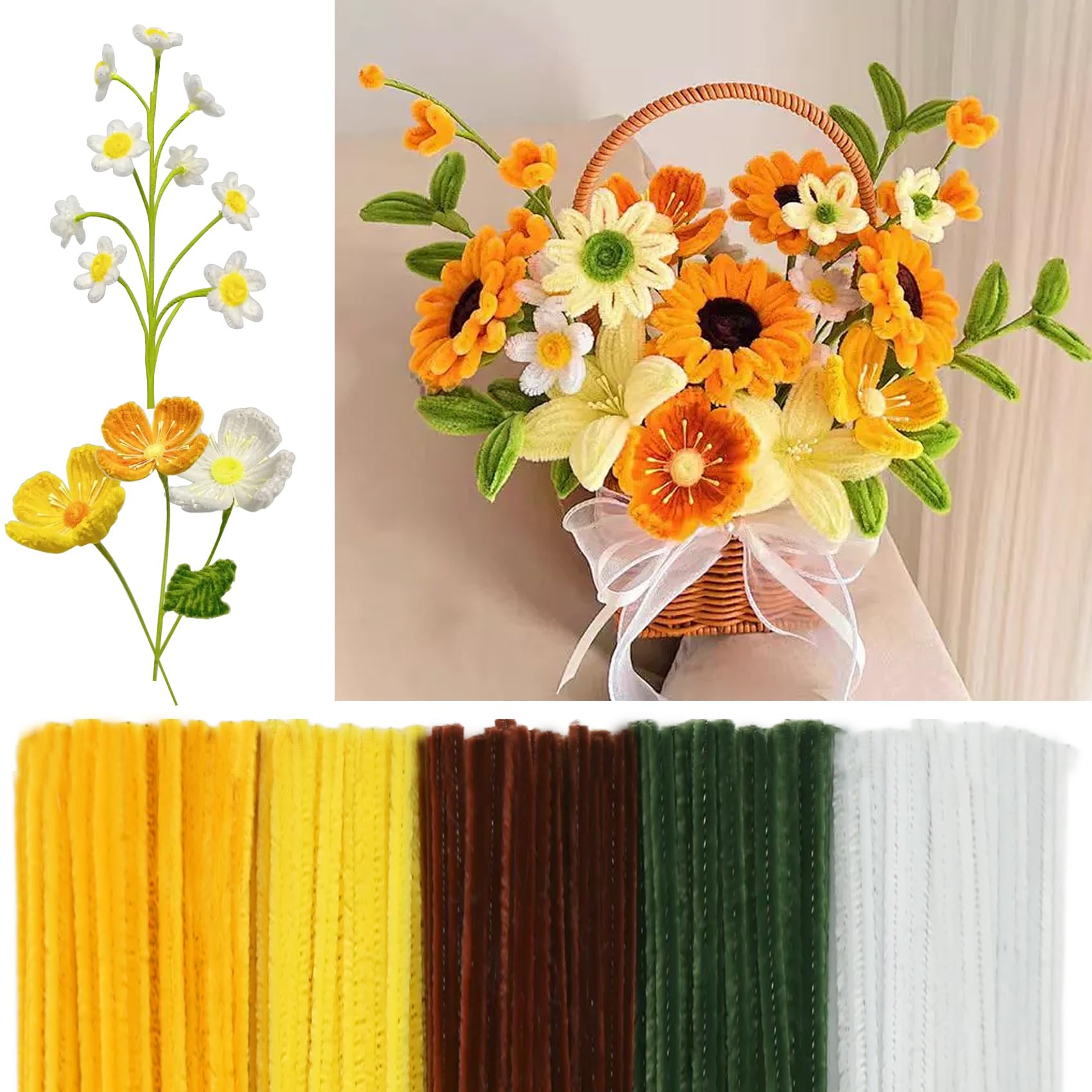 Povxlum 500 Pcs Pipe Cleaners Craft for Flowers Pastel Chenille Stems for DIY Art Projects Creative Gift(5 Colors), Bulk Fuzzy Pipe Cleaner Flower Kit, Ideals for Party Decor (Yellow)