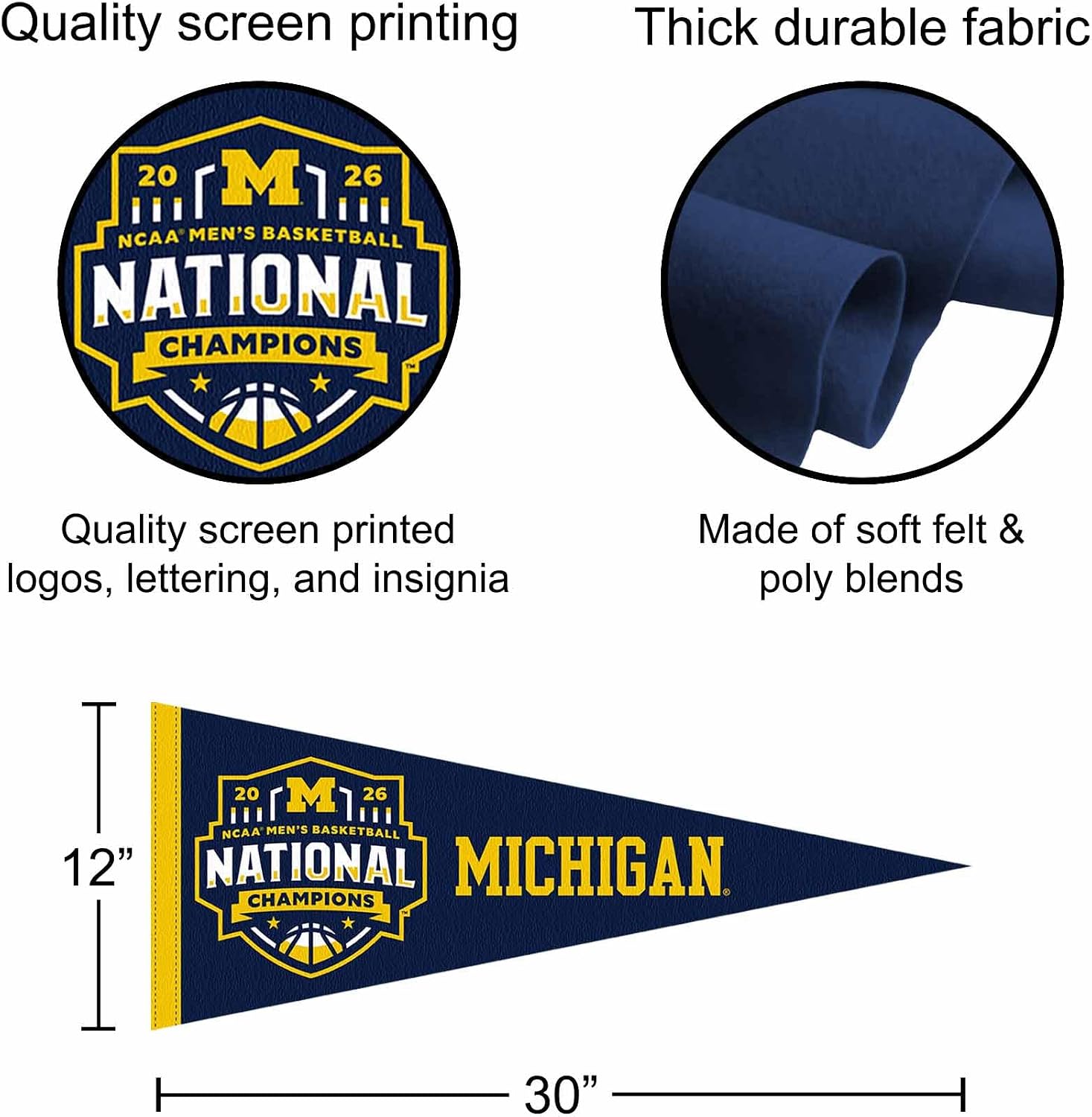 Michigan Team University Wolverines Basketball National Champions 2026 Pennant Flag