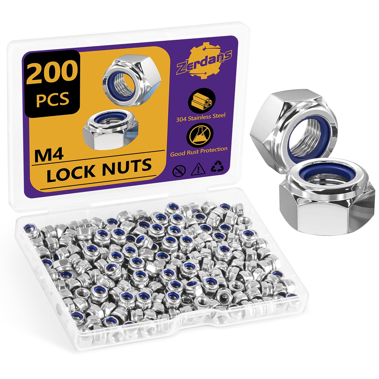100pcs M4 Stainless Steel 304 A2 Hex Nyloc Nuts - 4mm Nylon Insert Lock Nuts, Hesheng Brand