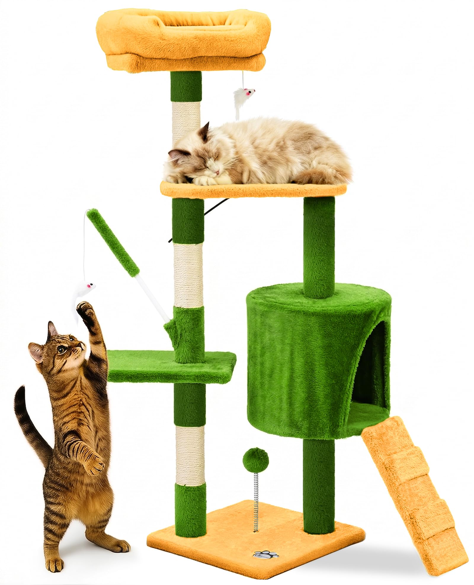 VOUNOT® Cat Tree with Scratching Posts, Multi-Level Cat Activity Centre with Platforms Climbing Ramp and Cozy Condo for Indoor Cats,Orange-Green