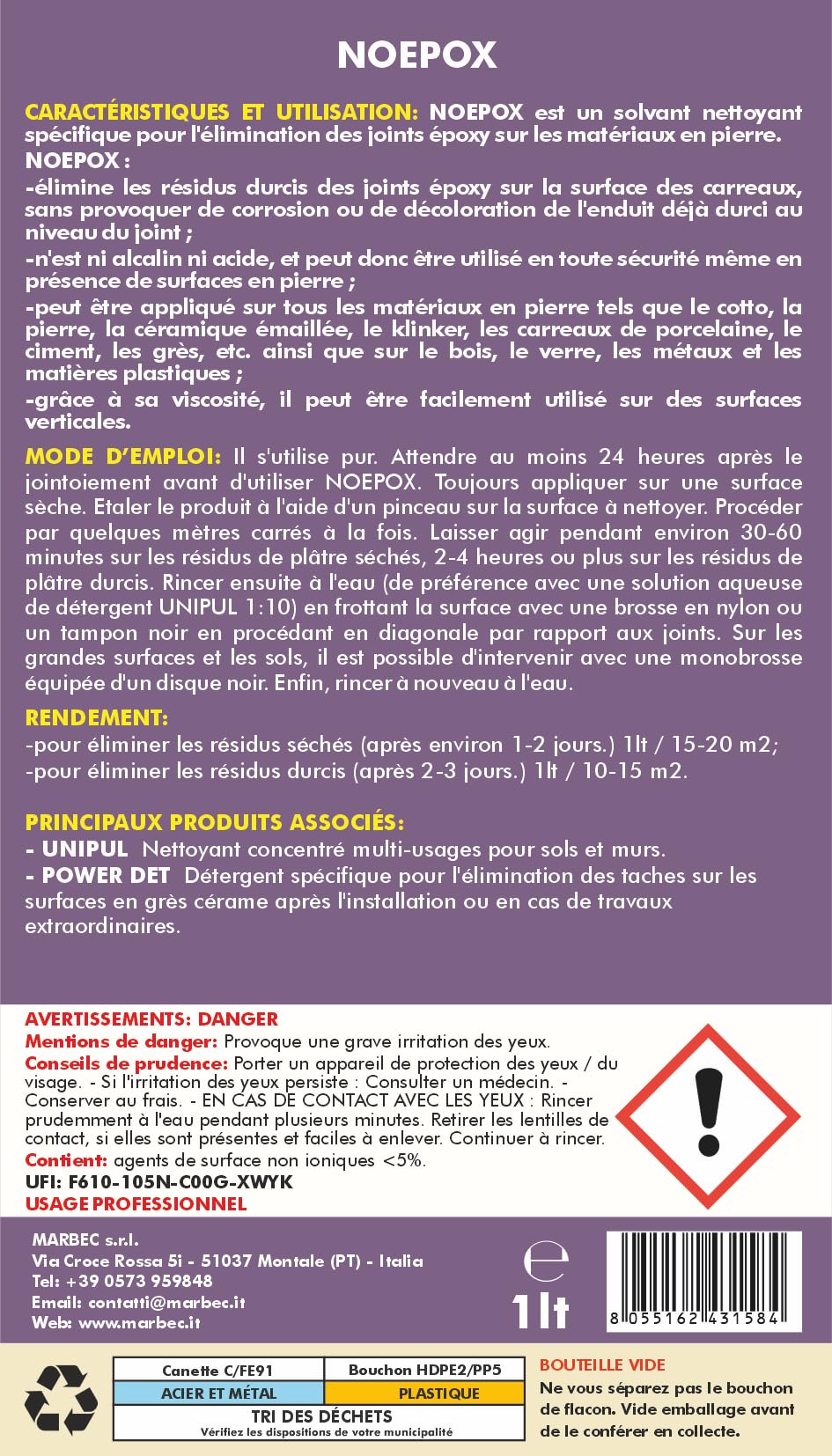 MARBEC NOEPOX 1LTX6Pcs Nettoyant spécifique épaissi pour éliminer les résidus de joints époxy et les taches sur le grès cérame, la céramique, le granit et le quartzite.