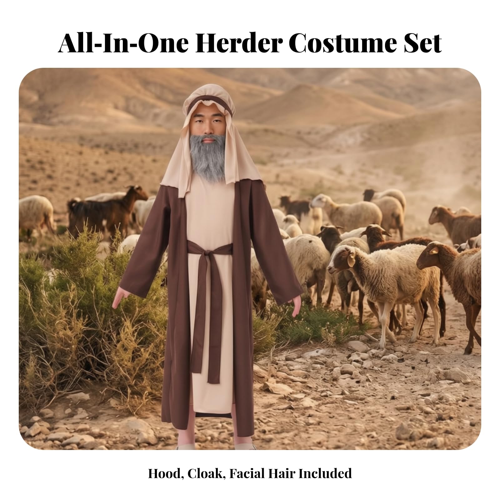 Costume con Copricapo Beige | Costume da Pastore, per Presepe in Scena, Recite Scolastiche, Feste a Tema, Bambini